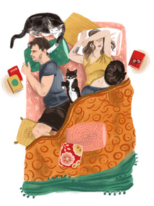 Bed with Cats Illustration Print