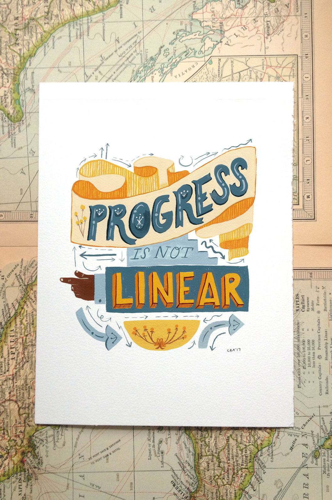 progress is not linear motivational lettering quote illustration painting